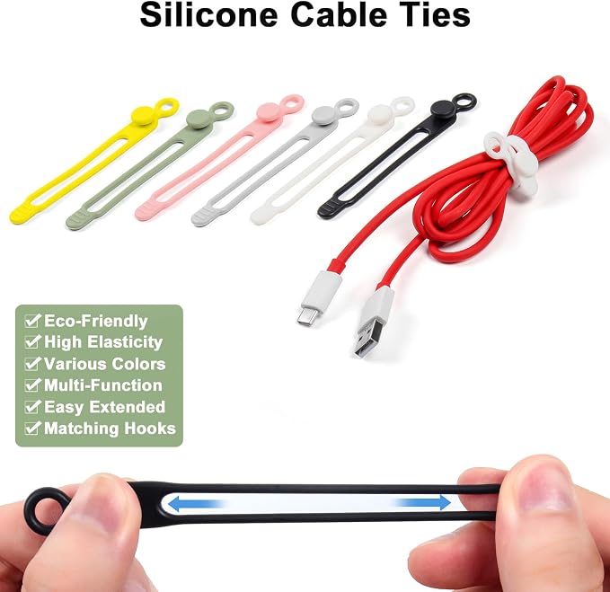 50Pcs Cord Organizer Kit, Reusable Silicone Cable Ties, Strong Adhesive Cable Clips for Cable Management, Multipurpose Wire Management for Bundling and Fastening Various Wires (6 Colors) - Image 2