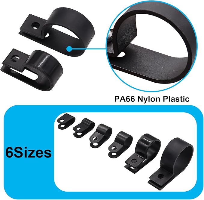 TWTADE 222PCS Black Cable Clamps Assortment Kit,Nylon Plastic R-Type 6 Sizes 3/16'' 1/4'' 3/8'' 1/2'' 3/4'' 1'' Cable Mounting Wire Clips Fastener with Screws for Wire Management - Image 3
