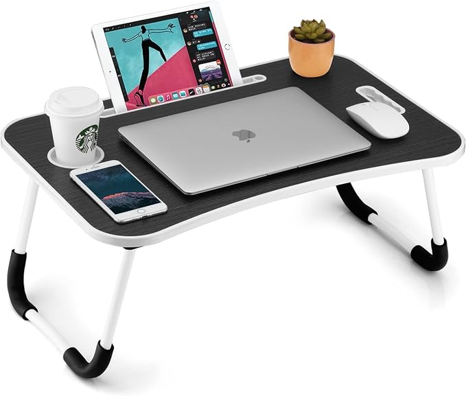 FISYOD Foldable Laptop Table, Portable Lap Desk Bed Table Tray, Laptop Stand with Cup Holder & Tablet Slot & Lifting Handle for Working Writing Drawing & Eating (Black Grain) by FISYOD