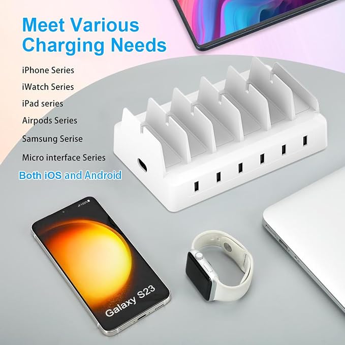 Charging Station for Multiple Devices, 6 Port USB Desktop Charger Dock Compatible with iPad, Samsung, Android, Tablet, Family Multi Phone Charging Organizer with Divider Holders, Fireproof ABS (White) - Image 6