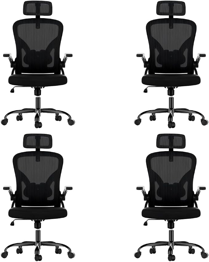 Farini Ergonomic Office Chairs with Headrest, Set of 4, Black & Black | High Back Swivel Computer Chair, Adjustable Armrests and Lumbar Support,Desk Chair for Home Office Bedroom by Farini