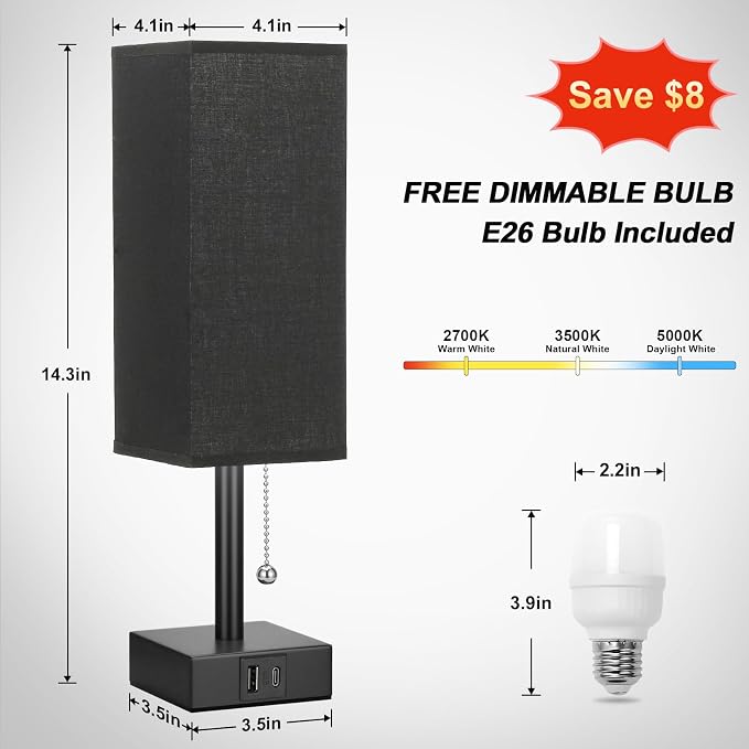Black Bedside Table Lamp for Bedroom - Desk Lamp For Nightstand, USB C+A | Pull Chain Lamp, 3 Color Modes(3000K/4000K/5000K), E26 LED Bulb Included, Square Black Fabric Lampshade, for Read, Work, Dorm - Image 4