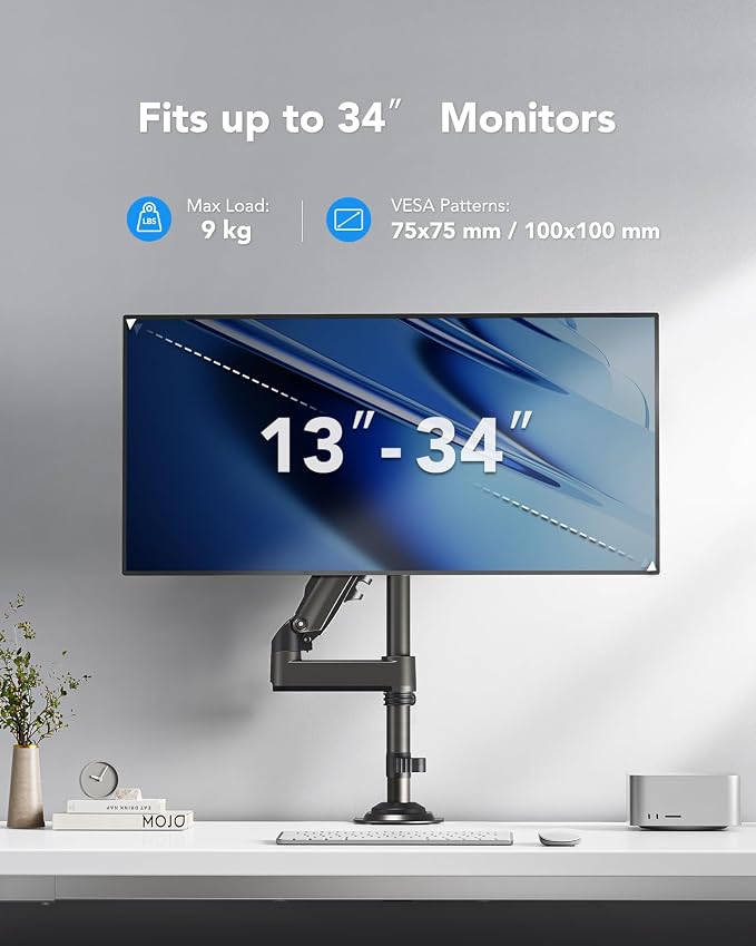 HUANUO Single Monitor Arm, Adjustable Desk Mount for 13-34 inch Screens, Holds 19.8lbs, 22.44 inch Max Height, Full Motion Swivel Gaming Monitor Stand with VESA 75x75mm and 100x100mm Compatibility - Image 2