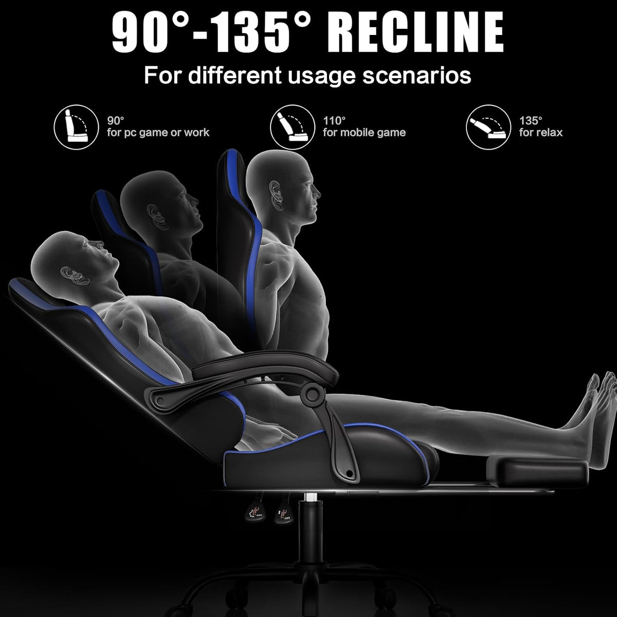 Gaming Chair with Footrest Racing Style Lumbar Support Massager Video Game Chair with Metal Legs, High Back Gamer Chair with Headrest, 360° Swivel Office Computer Desk Chair, Navy Blue - Image 8