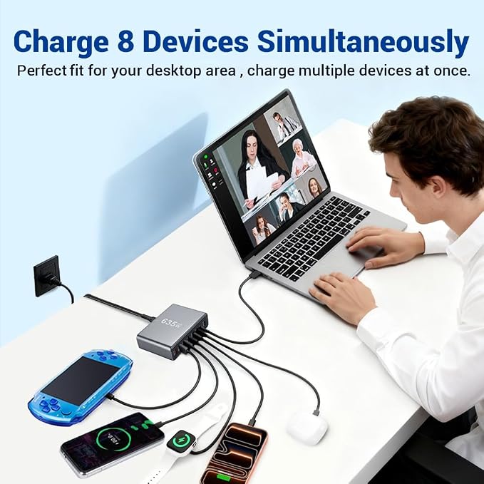 635W GaN Fast Charging Station, 8-Port USB C Charger Stations | PD3.1 140W + QC4.0, Multiple port USB Charger Block for MacBook Pro/Air, iPad, iPhone, Samsung Galaxy, DELL Laptop - Image 7