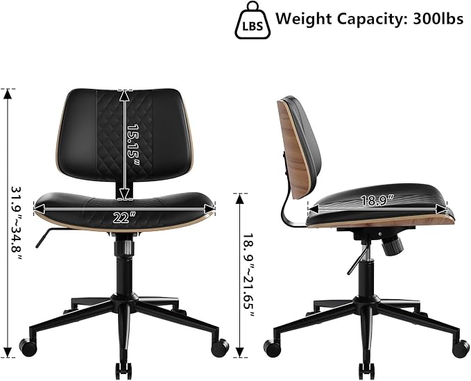 Modern Armless Office Chair with Wheels, Wide Seat Walnut, Black | Adjustable Swivel Desk Chair with Mid Back & Tilt Function, Faux PU Leather Mid Century Modern Task Office Chair, 300LBS Cap - Image 2