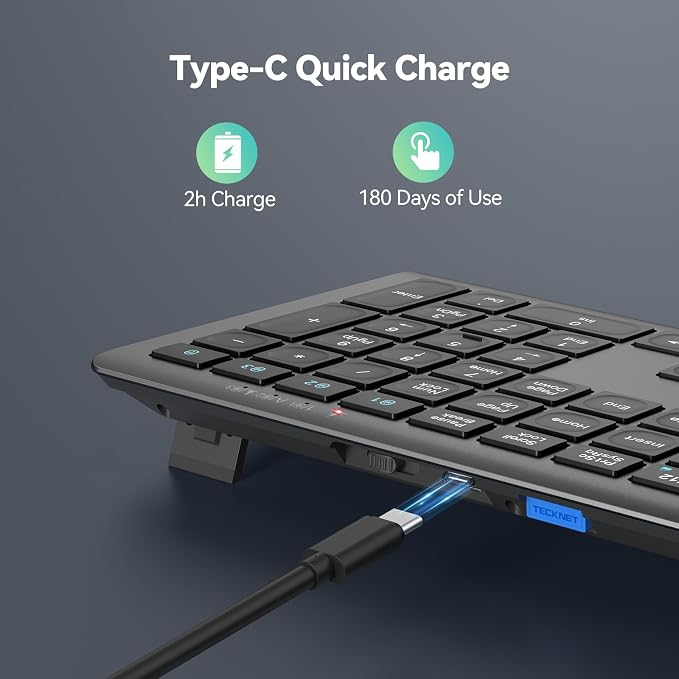 TECKNET Bluetooth Keyboard Rechargeable 4-Device (2.4G+BT) | Multi-device Free Switching, Ultra-Slim, Numeric Keypad, Quiet Full Size Wireless Keyboard for PC/Laptop/Smart TV/Phone - Image 3