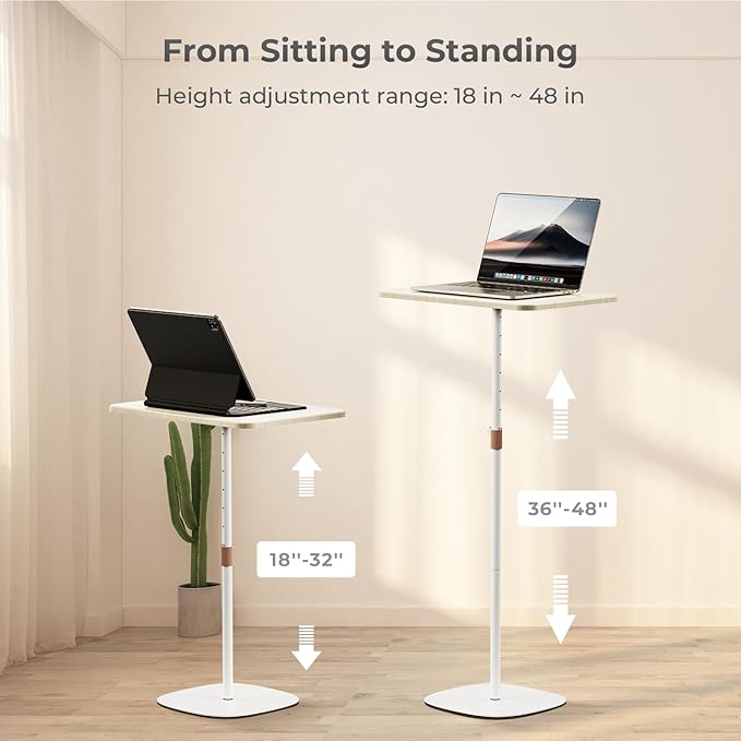 Portable Laptop Floor Stand, Bedside/Sofa Table with Height Adjustable 18''~48'', Sleek Wooden Lectern Standing Desk Mobile Podium for Home, Office, School, White - Image 3