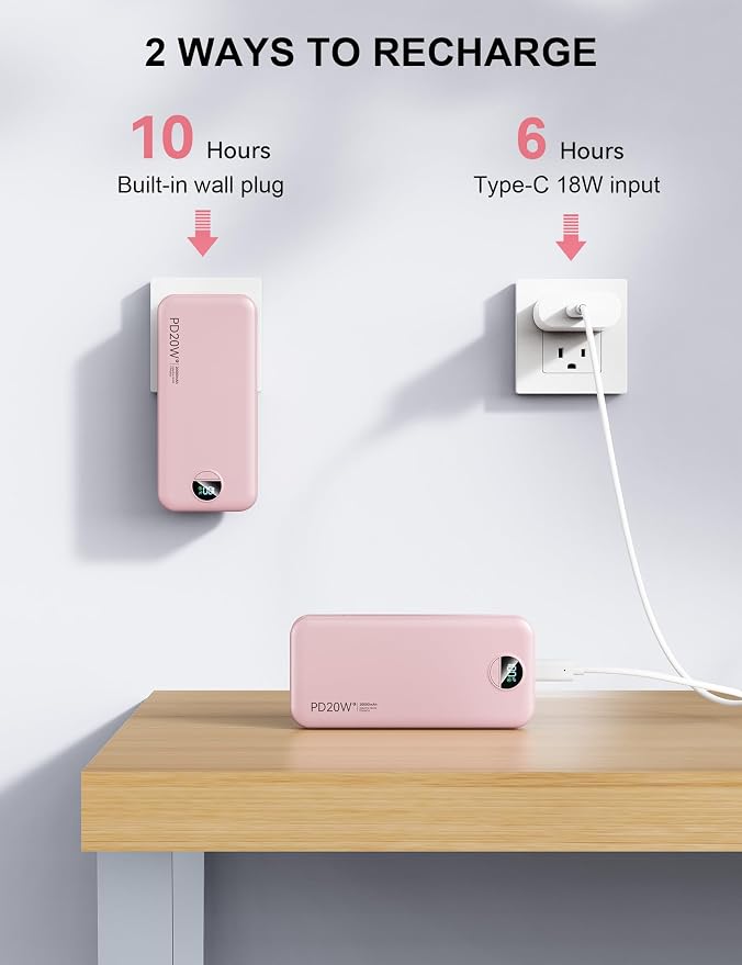 Nusyddy Portable Charger 20000mAh Fast Charging w/Built-in Wall Plug Pink | PD20W Fast Charging, High Capacity, LED Display, Charge 5 Devices at once, TSA Approved, Compatible with iPhone/Samsung - Image 7