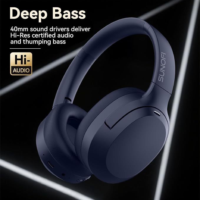 Hybrid Active Noise Cancelling Headphones, Wireless Over Ear Bluetooth Headphones with Mic, 40H Playtime, Hi-Res Audio, Deep Bass, Foldable Comfort Fit Ear Cups for Travel, Office, Home (Blue) - Image 3