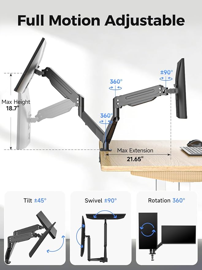 Suptek Dual Monitor Mount Stand-Height Adjustable Gas Spring Monitor Arm Desk Mount for 2 Computer Screens 17 to 35 inches - Each Arm Holds up to 24.25lbs,Black(MD8SP) - Image 3