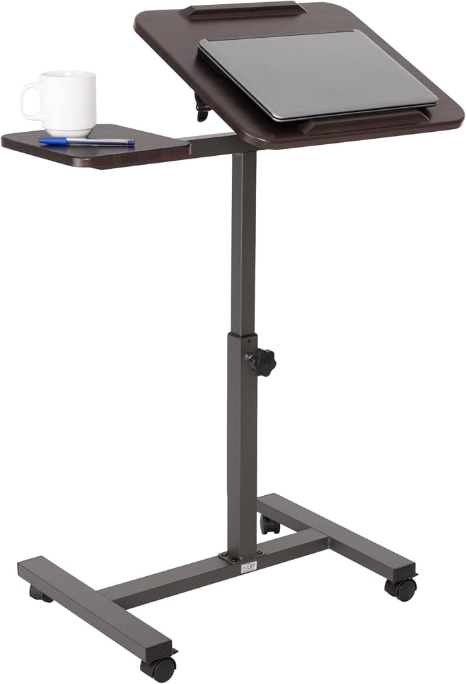 Seville Classics Airlift Height Adjustable Mobile Rolling Laptop Cart Computer Workstation Desk, Table for Home, Office, Classroom, Hospital, w/Wheels, Walnut, Tilt w/Side Table (28") (NEW Model) by Unknown