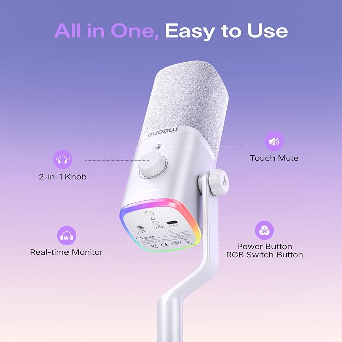 MAONO PD100W Wireless Dynamic Gaming Microphone for PC with USB-C Receiver | One-Click Noise Reduction,Custom RGB,Mute,Monitoring, Companion App,Boom Mic Set for Game Streaming Discord Podcasting, White - Image 7