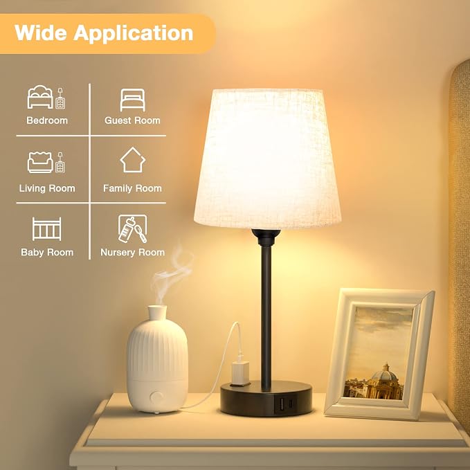 Bedside Table Lamps Set 2 for Bedroom - Dimmable Touch, USB C+A, AC Outlet | 14.5" Mini Lamp, 3-Way Dimmable, LED Bulbs Included, Trapezoid Barrel Fabric Lampshade, Nightstand Light for Guest Room, Kids - Image 5