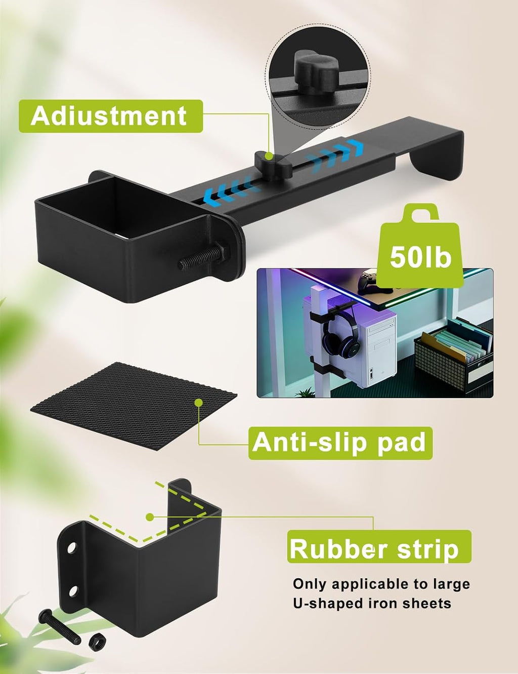 No-Drill Under Desk PC Mount, Adjustable CPU Holder for Standing Desk, Compatible Only with 65mm × 45mm Desk Legs, Supports up to 50 lbs, Includes Non-Slip Pads - Image 6