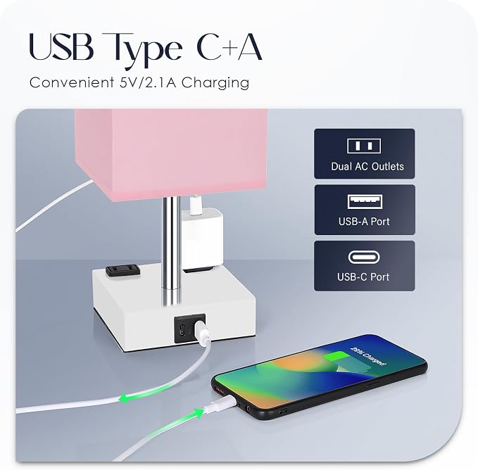 Bedside Lamp with USB Ports - Touch Control Table Lamp for Bedroom with USB C+A Charging Ports & AC Outlets, 3 Way Dimmable Nightstand Light with White Base for Living Room (LED Bulb Included, Pink) - Image 3