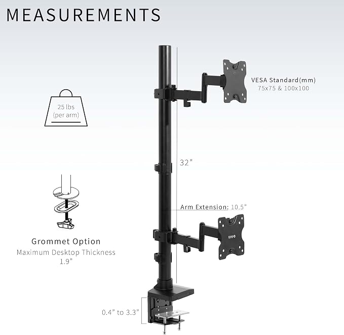 VIVO Dual Vertically Stacked Ultra-Wide Monitor Desk Mount with Extension Arms, Extra Tall Heavy Duty Adjustable Stand for 2 Ultrawide Screens up to 43 inches, 50 lbs Capacity, Black, STAND-V202T - Image 3