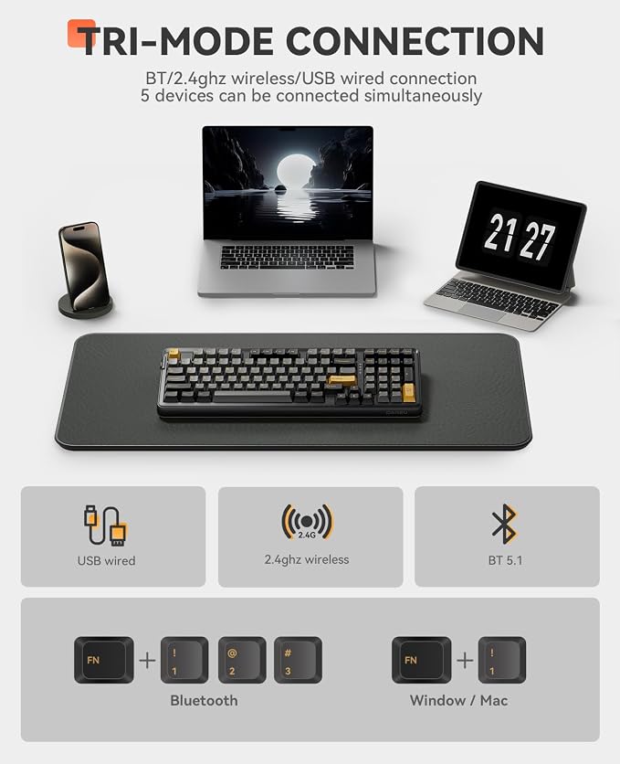 DAREU EK98pro Wireless Mechanical Keyboard,96% Creamy Gaming Keyboard with Number Pad,Tri-Mode BT/2.4GHz/USB-C,Pre-lubed Linear Switches,Gasket Structure,Hot Swappable Custom,Backlit for Win/Mac - Image 3