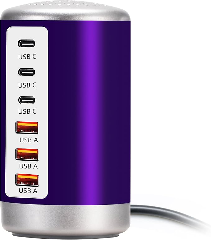 60W USB Charging Station with 6-Port (3 USB-A & 3 USB-C) for iPhone 12/13/14, Tablets & Smartphones - Purple by Improveyourqualityoflife