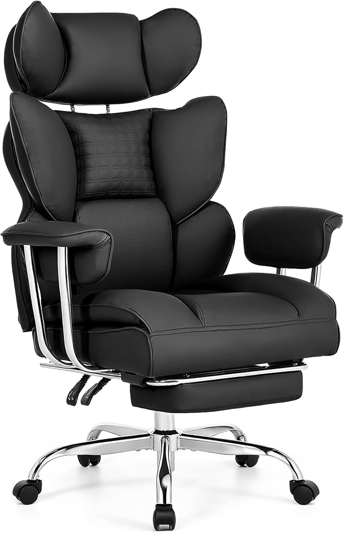 Big and Tall Office Chair 400 LBS, for Adults, Home Office | PU Leather, Executive Ergonomic Desk Chair with Footrest, Lumbar Support, Wide Seat ,Reclining, Black by HAPPYMONTLLC