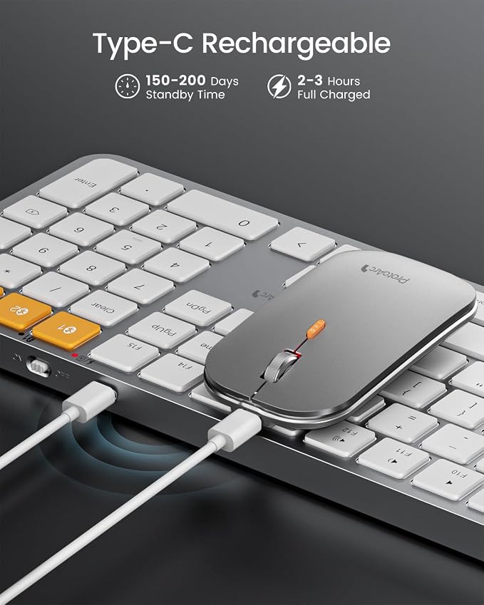 ProtoArc KM100-A Backlit Bluetooth Keyboard and Mouse for Mac, White Silver | Full-Size Mac Layout with Numeric Keypad, 3-Level White Led Backlight, 3-Device Bluetooth, Rechargeable Keyboard and Mouse - Image 6