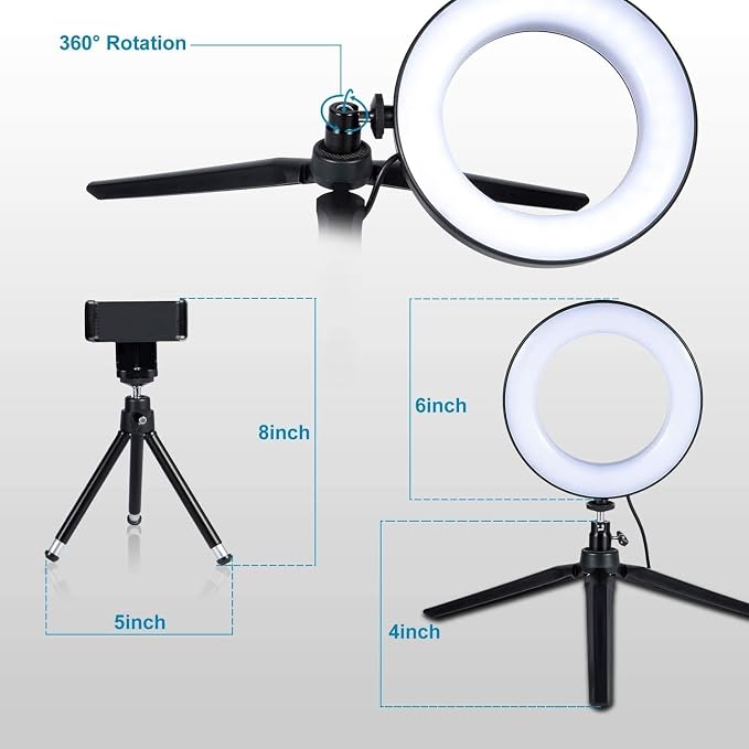 MACTREM 6" Small Ring Light with Stand for Phone Video Desk Makeup | Mini Desktop Ring Light, 3 Light Modes 11 Brightness Levels, Cell Phone Holder,for YouTube Computer Conference,USB Powered - Image 8