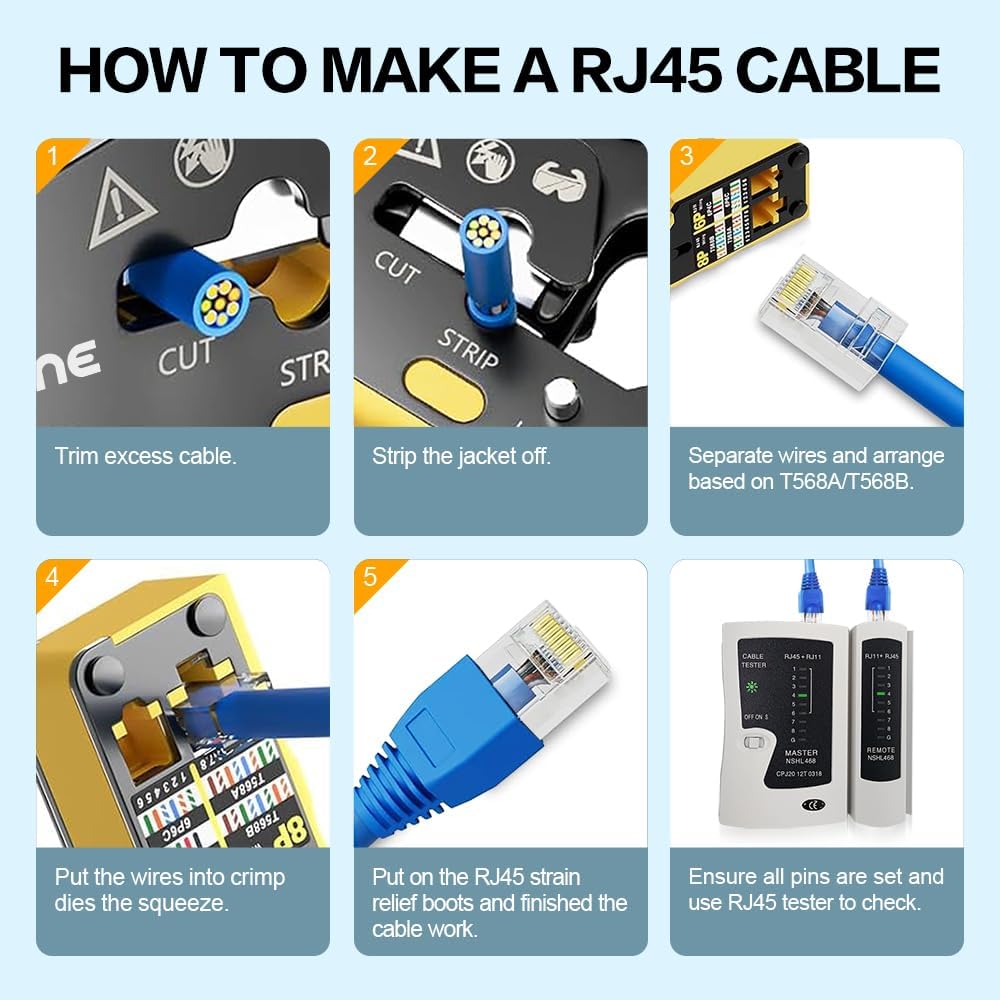 Ethernet Crimping Tool RJ45 /RJ11 Crimp Tools,CAT5 Cat5e Cat6 RJ45 Crimping Tool Kit With Multiply Cable Stripper, Blades,50PCS Cat6 Connectors, 50PCS Boots,Wire Cutter - Image 7