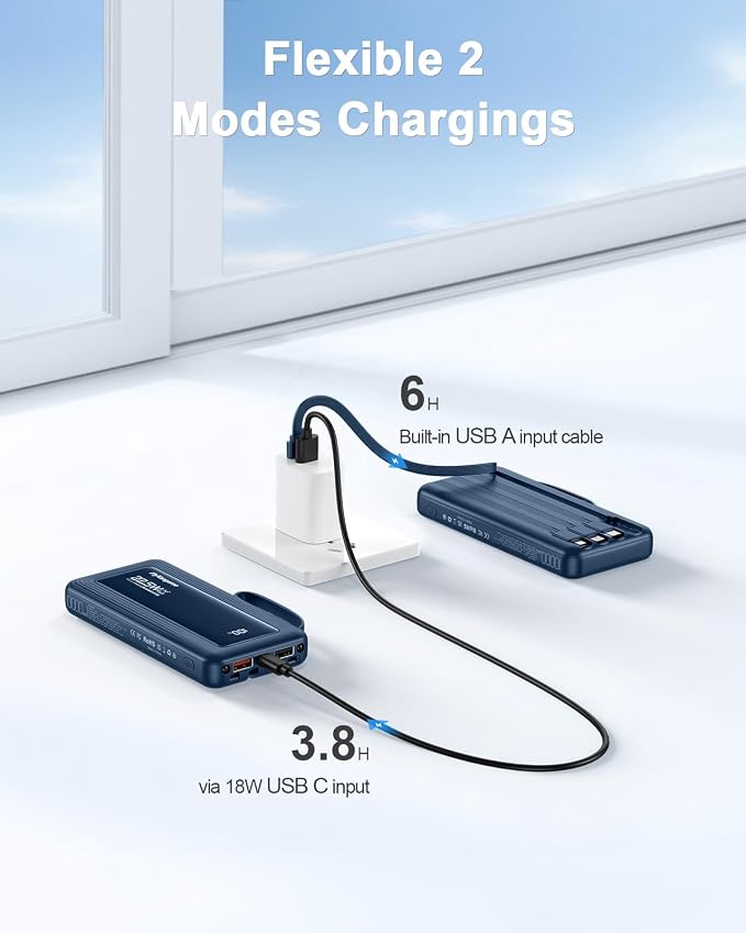 Portable Charger 10000mAh 22.5W Power Bank | Built in 4 Cables, Slim, Fast Charging, USB C LED Display, 6 Outputs & 2 Inputs, Flashlight - Image 7