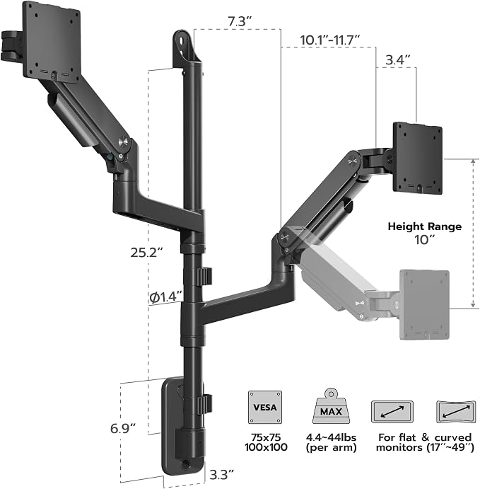 ARES WING Dual Monitor Wall Mount for 17-49 Inch Ultrawide Screens, Black | Heavy Duty Wall Mount Monitor Arm Holds 44 lbs Each, Fully Adjustable Gas Spring Monitor Arm, 75x75/100x100 VESA Mount - Image 9