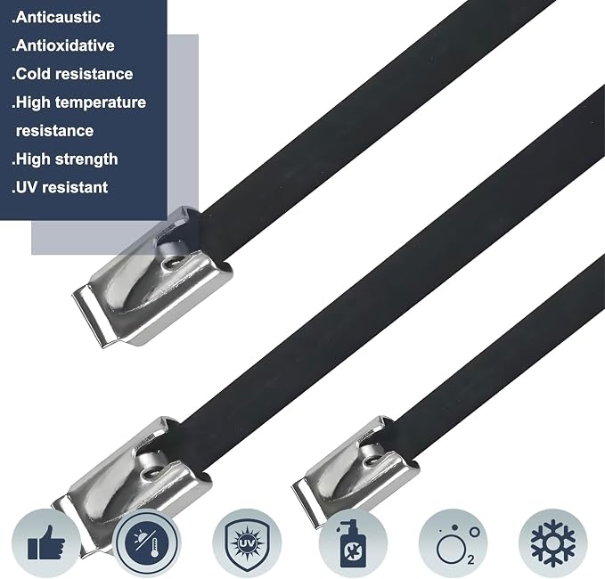 30PCS 11.8" Black Epoxy Coated Metal Zip Ties, Heavy Duty Self-Locking Stainless Steel, Corrosion Resistant for Harsh Environments, Ideal for Machinery, Vehicles, Farm, Cable & Pipe Binding - Image 4