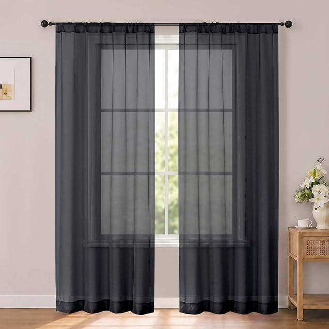 Black Sheer Curtains 84 inches Long for Living Room 2 Panels Set | Sheer White Curtains for Bedroom, Rod Pocket Airy Light Filtering Window Treatments, 2pcs, Each Panel 42" Width x 84" Long by OWENIE