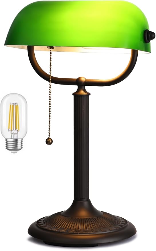 1-Minute Quick-Change Shade Antique Green Glass Bankers Desk Lamp | Study Office Library,LED Bulb Included by Newrays