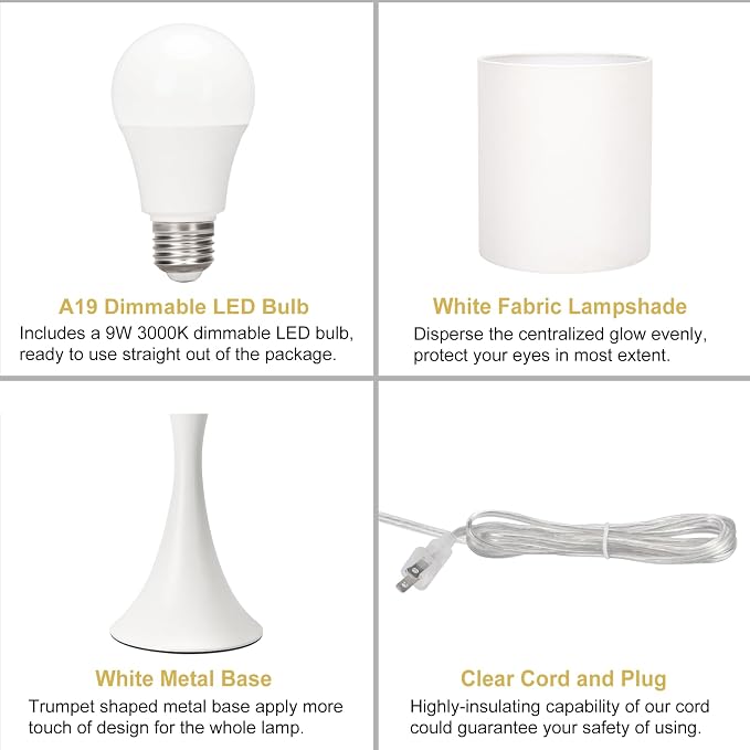 Modern Table Lamps, 3 Way Touch Control Table Lamp, Dimmable Desk Lamp, White Nightstand Lamp with Fabric Shade, Small Bedside Lamp for Living Room, Dorm,Home Office, LED Bulb Included - Image 7