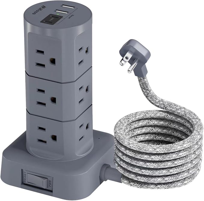 Charging Station Tower, Power Strips with Surge Protection, Flat Plug | 12 Outlets 4 USB Ports, 6Ft Extension Cord with Multiple Outlets, Office Desk Supplies, Dorm Essentials by Mifaso