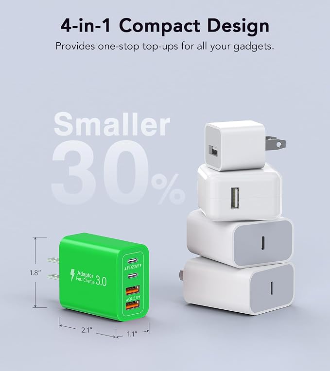 [2-Pack] 40W USB C Charger Block, 4-Port Type C Fast Charging Brick Dual PD&QC Wall Plug Adapter Power Brick for iPhone 13/14//15/16/17 Pro Max Plus/iPad/Airpods/iwatch/Samsung Galaxy (Green) - Image 5