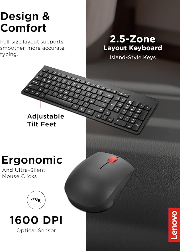 Lenovo Essential Wireless Combo Keyboard & Mouse Gen 2 US English, 2.4 GHz Wireless USB Connection, AES-128 Encryption for the Keyboard, Full-Size Right or Left Hand Optical Sensor Mouse, Black | Includes wireless mouse, nano receiver and batteries for... - Image 4