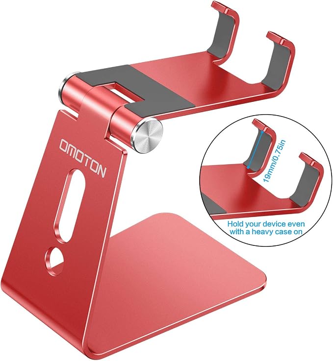 OMOTON C2 Adjustable Aluminum Cell Phone Stand with Charging Cutout, Red | Sturdy 3mm Aluminum, Charging Port, 270° Adjustable, Non-Slip Silicone Pads, Works with Thick Cases, for All Smartphones - Image 2