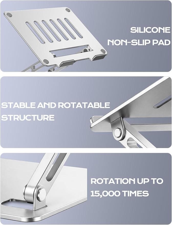 LOXP Aluminum Laptop Stand, Adjustable Laptop Stand for Desk Foldable | Portable Laptop Riser, Ergonomic Computer Notebook Holder for Desk, Office Desk Accessories (10-15.6'') - Silver - Image 7