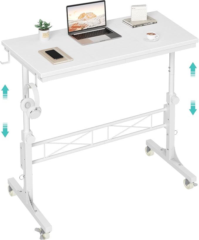 WINAZ Rolling Standing Desk with Wheels, 32" Adjustable Height Small Portable Teacher Desk for Classroom, Mobile Treadmill Walking Pad Table for Laptop, Compact White Home Office Workstation by Unknown
