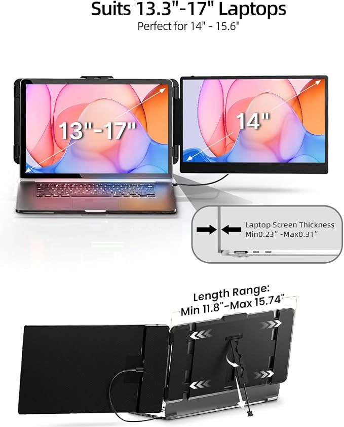Laptop Screen Extender, 14" FHD 1080P IPS Dual Laptop Monitor Extender, Plug n Play Portable Travel Monitor for Laptops 13.3"-17" with HDMI/USB-A/Type-C, Compatible with Windows Mac Chrome Android - Image 5
