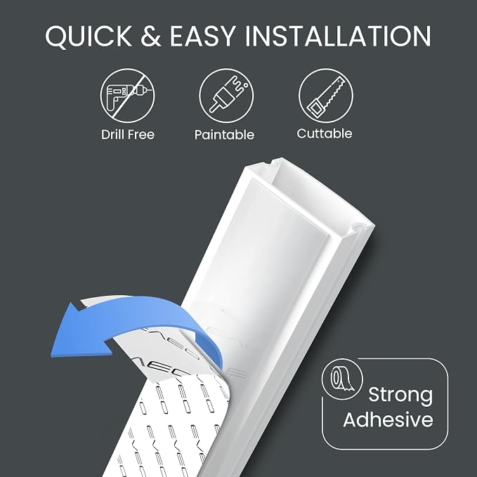 EVEO Cable Hider Wall 306” - Cable Raceway Cord Hider - Wire Covers for Cords on Wall, Cord Cover, Wall Cable Hider, Cable Concealer, Wire Hiders for TV on Wall - 20X (L16 W1.1 H0.55) - Large | White - Image 2
