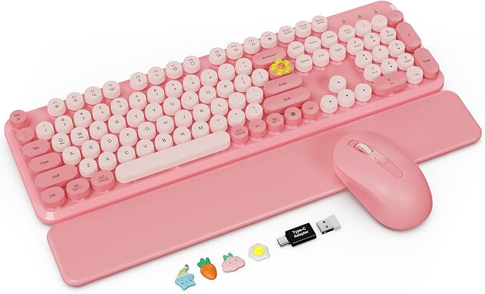 Wireless Keyboard and Mouse Combo, Pink, Round Keycaps, Magnetic Wrist Rest by Trueque