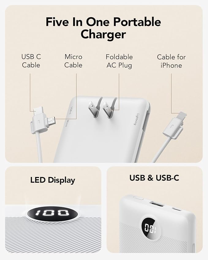 VRURC Portable Charger, Power Bank Built-in Cables and AC Wall Plug | USB C Power Bank 10000mAh Travel Essentials Phone Charger Compact External Battery Pack For Smart Phones, Tablets etc-White - Image 3