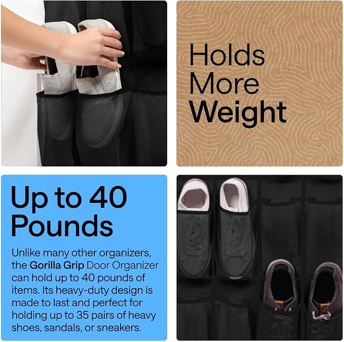 GORILLA GRIP Over the Door Shoe Organizer, 35 Large Pockets, Black | Breathable Mesh Pocket, Space Saving Hanging Storage Holder, Closet Rack Hanger for Shoes, Pantry and Bathroom Accessories - Image 3
