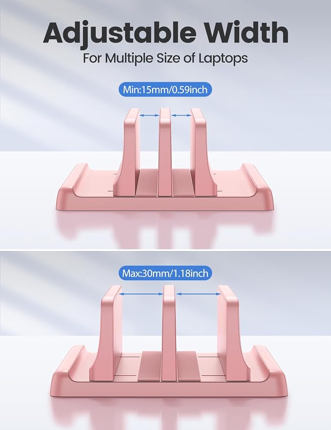 Vaydeer Vertical Laptop Stand for Desk, Dual Slots Plastic Laptop Holder with Space Saving 4-in-1 Design, Adjustable Laptop Stand Supports MacBook, Chromebook, Surface, Dell (Pink) - Image 7