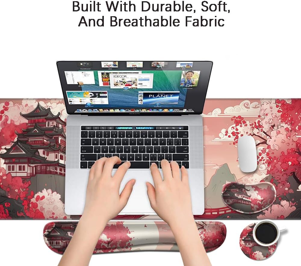 Desk Mat, Large Gaming Mouse Pad with Wrist Rest, 4 in1 XXL Mouse pad+Keyboard Wrist Rest+Mouse Pad Wrist Support+Cup Coaster Set, Ergonomic Desk Pad for Home Office, Japanese Sunrise - Image 6