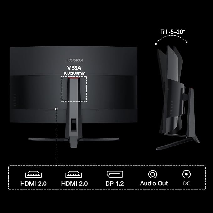 KOORUI 32 inch Curved Gaming Monitor, QHD 170Hz, 1ms 1500R Display | 2560×1440p Monitor, Adaptive Sync, 90% DCI-P3, HDMI×2 and DP, VESA, FPS & Console Gaming, Immersive Gaming - Image 8
