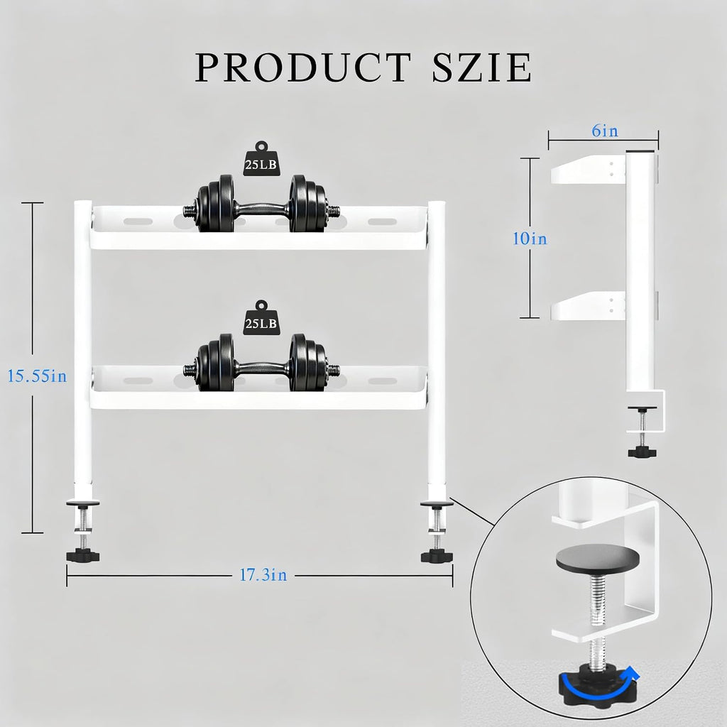 Clamp on Desk Shelf White, 2-Tier Office Desk Shelves Organizer, 17in Small Shelf for Top of Desk with Headphone Holder, Hooks, Desktop Storage Rack for Home Workspace, Study Rooms, Gaming Accessories - Image 2
