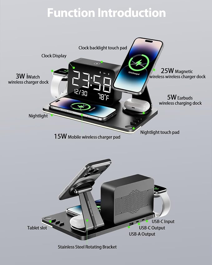 7-in-1 Magnetic Wireless Charging Station with Digital Clock & LED Lamp | 65W Power Adapter, 25W Fast Charging, 6-Device Charging Hub, Rotatable Stand, Bluetooth TimeSync, Qi Magsafe Compatible - Image 9