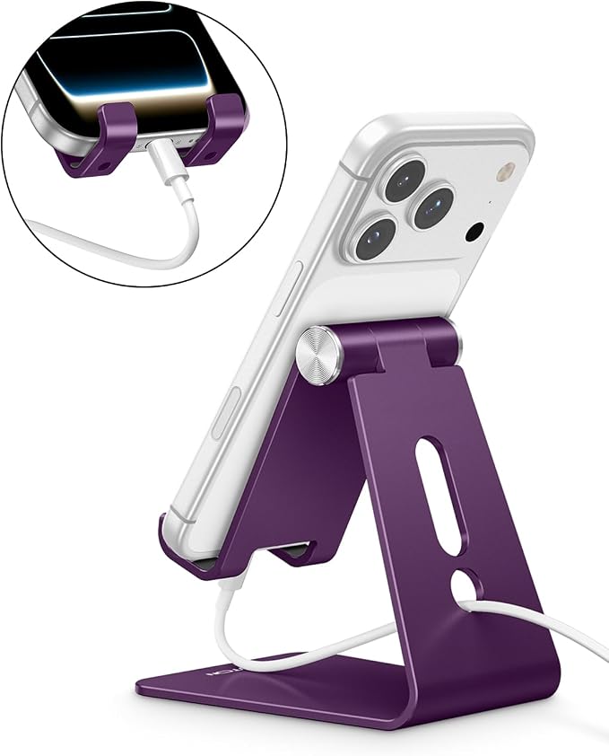 OMOTON C2 Adjustable Cell Phone Stand with Charging Cutout, Deep Purple | Sturdy 3mm Aluminum, Charging Port, 270° Adjustable, Non-Slip Silicone Pads, Works with Thick Cases, for All Smartphones - Image 6